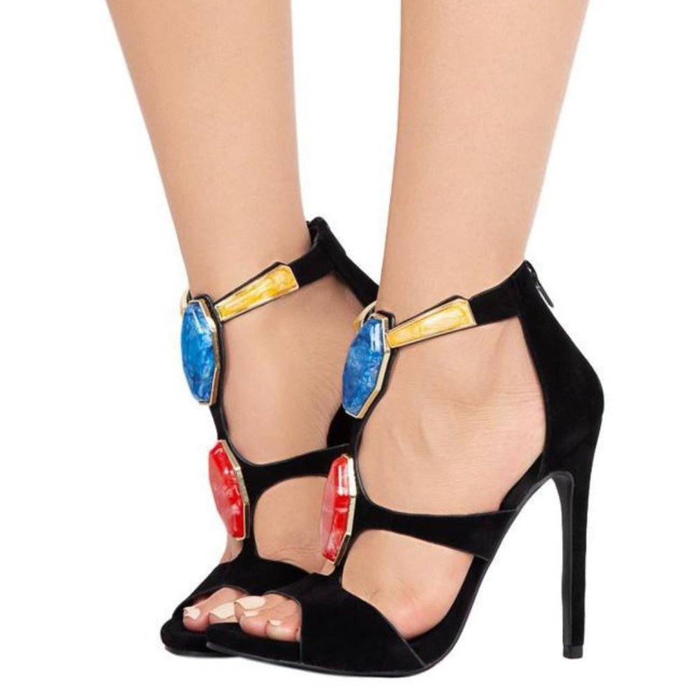 NEW IN BOX BLACK JEWELED OPEN TOE STILETTO HEELS